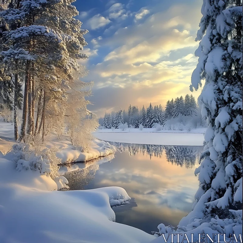 Winter Wonderland by a Tranquil Lake at Sunset AI Image