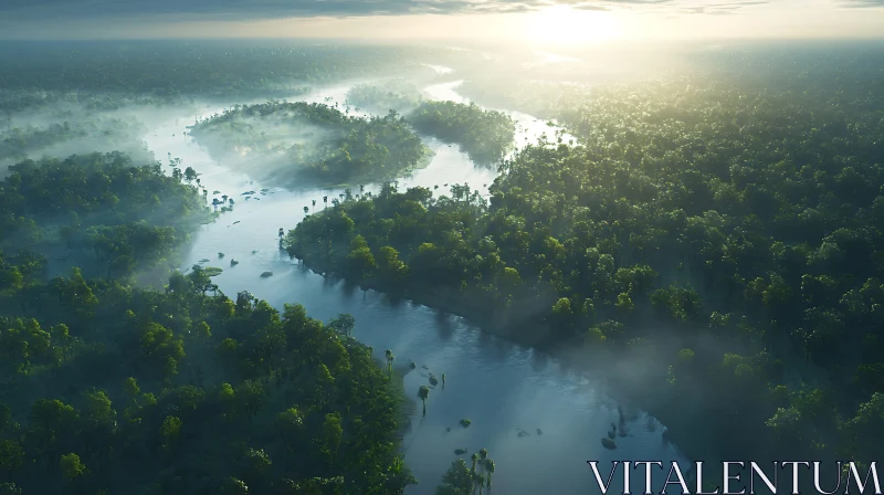 Morning Mist Over River and Forest from Above AI Image