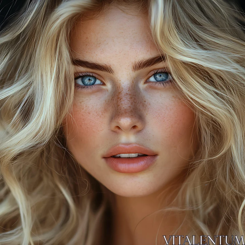 Blonde Woman with Blue Eyes and Freckles Portrait AI Image