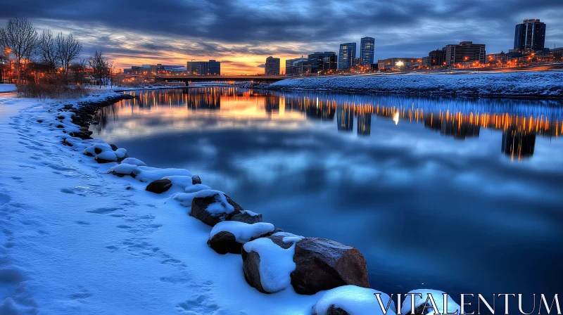 Snowy Riverbank with City Reflections at Sunset AI Image