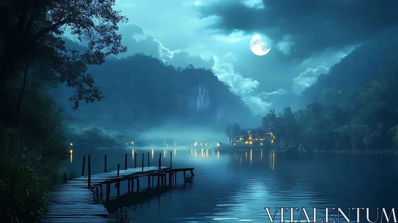 Nighttime Tranquility by the Moonlit Lake AI Image