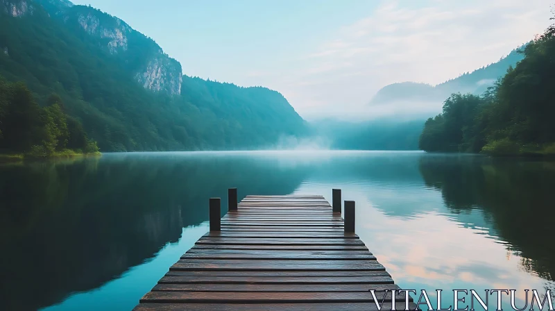 AI ART Serene Lakeside View with Wooden Dock and Mist