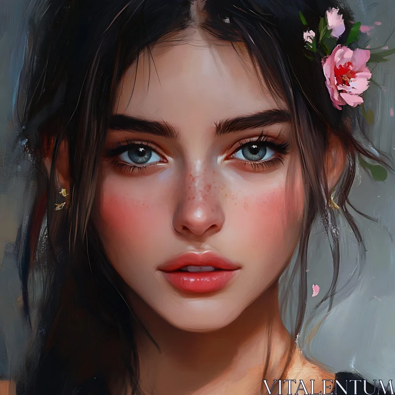 Elegant Female Portrait with Freckles and Flowers AI Image