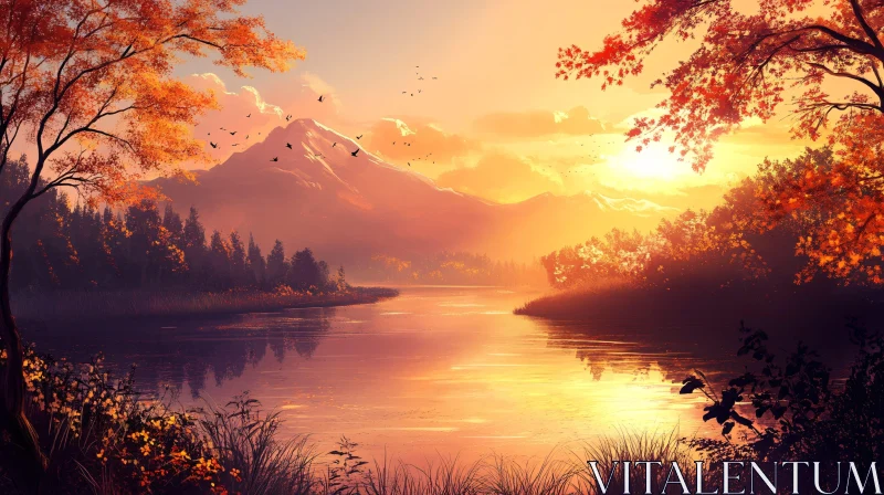 Serene Autumn Lake with Sunset and Mountain View AI Image