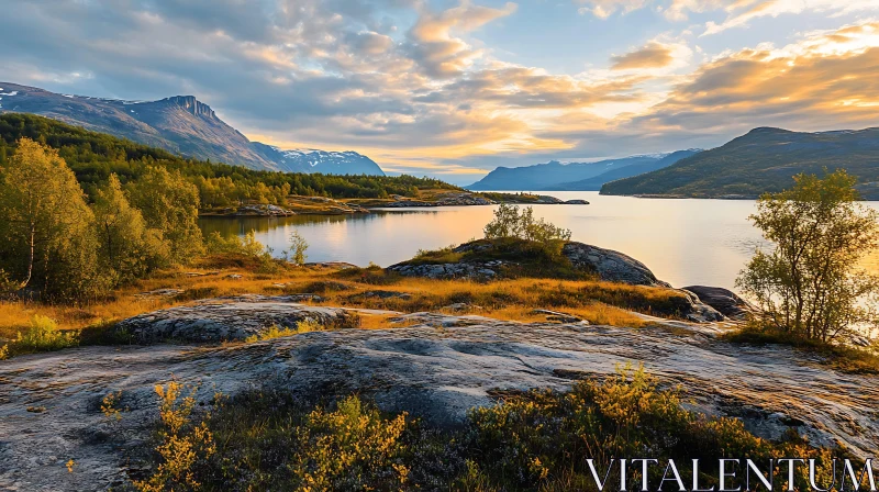 Tranquil Lake and Mountain Sunset Scene AI Image