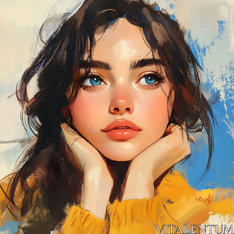 AI ART Captivating Woman's Portrait with Blue Eyes and Yellow Sweater