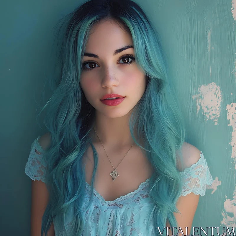 Woman with Blue Hair and Lace Dress Portrait AI Image