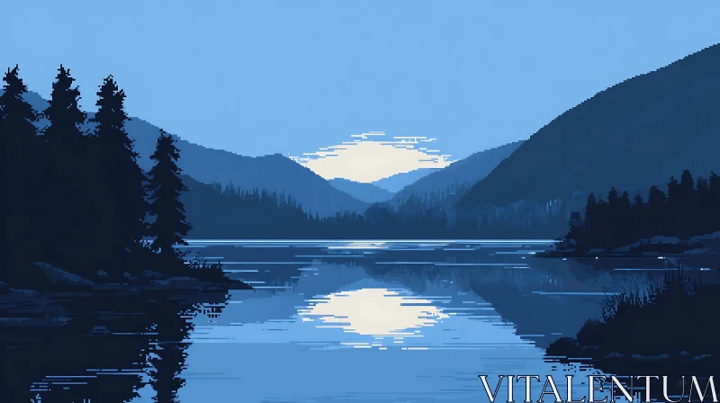 AI ART Tranquil Lake with Pine Trees and Morning Sun