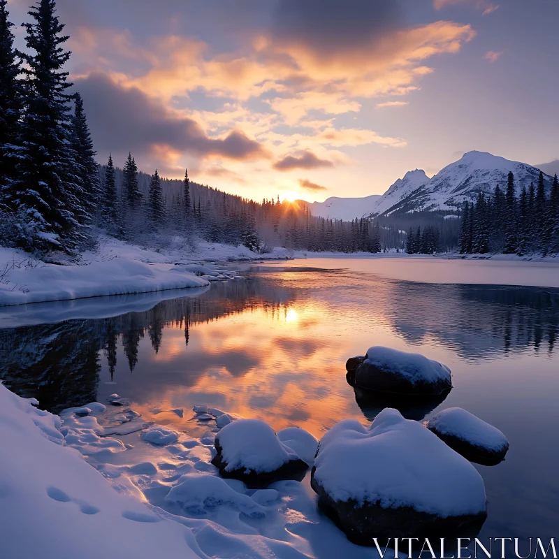 Winter Sunset Scene with Snow, Lake, and Mountains AI Image