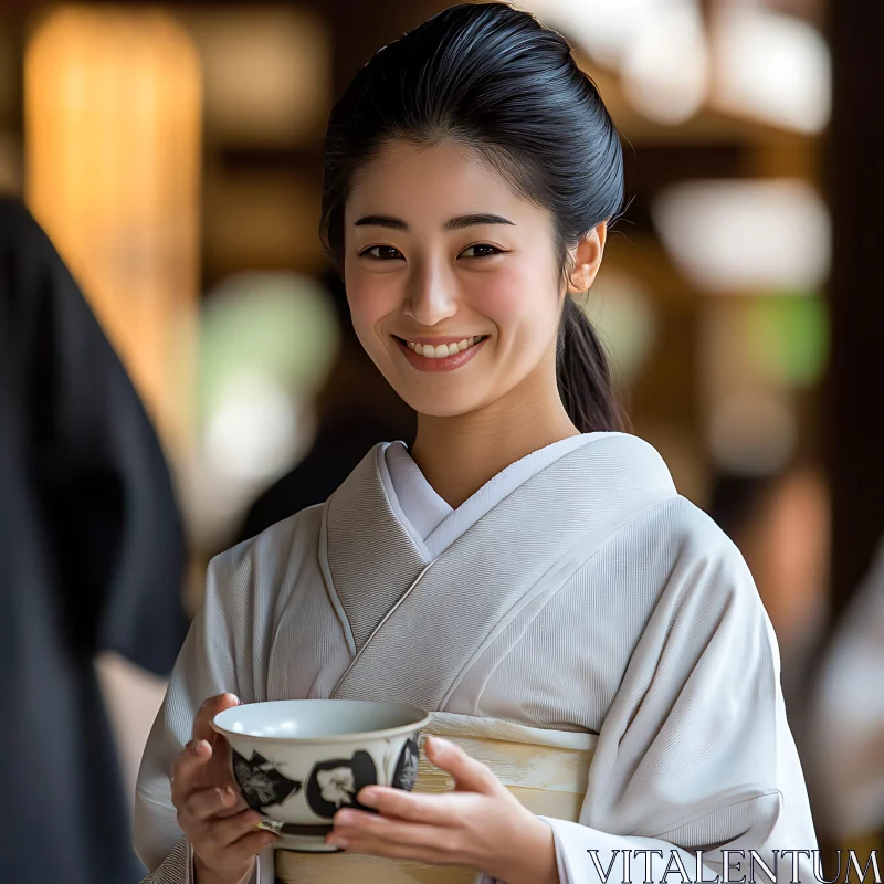 Woman in Kimono with Tea Bowl AI Image