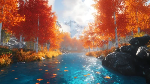 Peaceful Autumn Scenery with River and Mountains