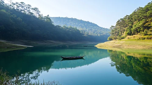 Tranquil Lake Scene with Forest and Boats