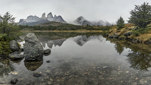 Majestic Cloud-Covered Mountain Reflections in Tranquil Lake