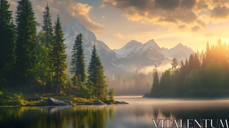 Sunlit Mist Over Serene Lake and Majestic Mountains Sunlit Mist Over Serene Lake and Majestic Mountains