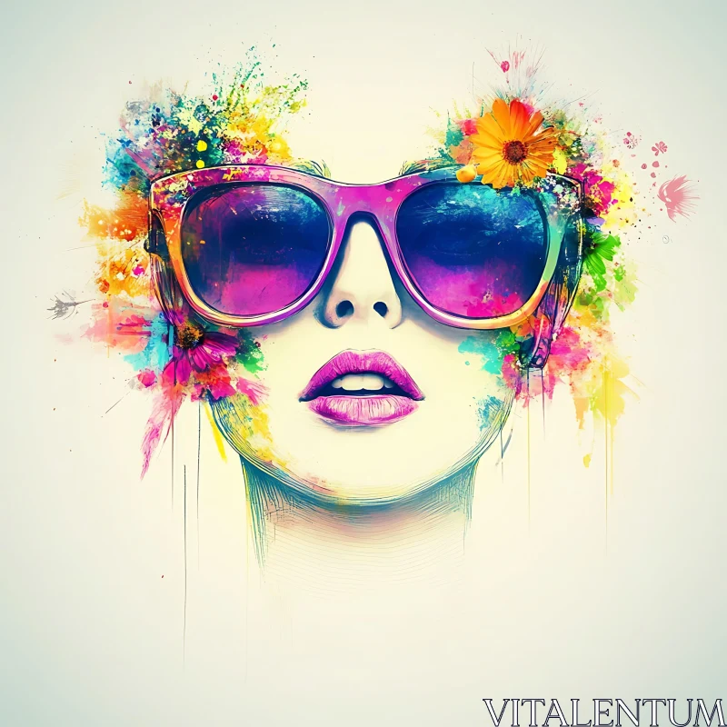 Vibrant Digital Portrait of a Woman with Oversized Sunglasses Vibrant Digital Portrait of a Woman with Oversized Sunglasses