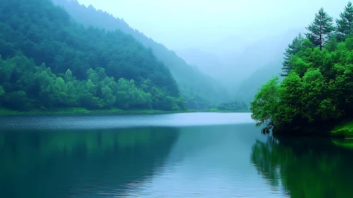 Calm Lake in Misty Forest Landscape