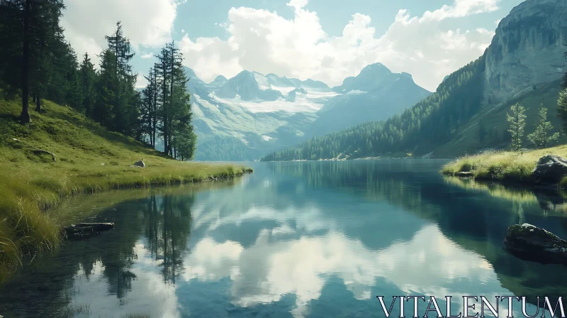 Peaceful Alpine Lake Amidst Mountains AI Image