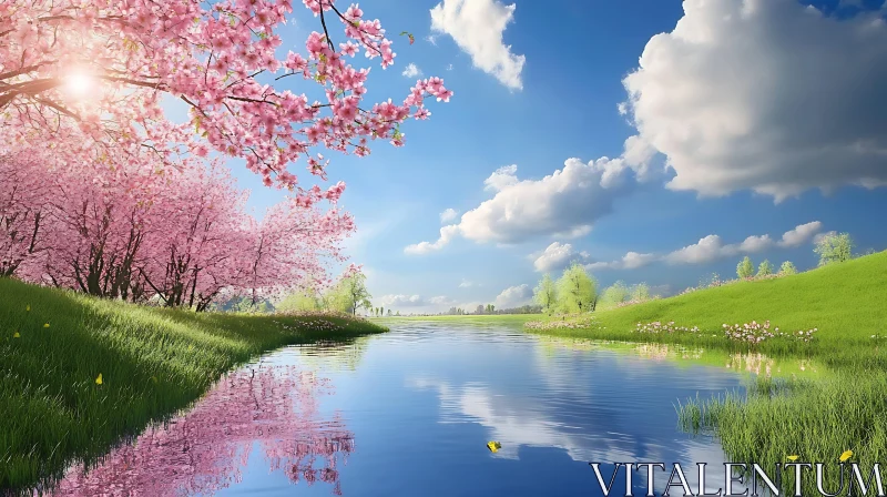 Serene River Landscape with Blooming Cherry Blossoms Serene River Landscape with Blooming Cherry Blossoms