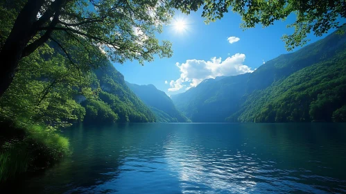 Peaceful Forest-Encircled Lake with Mountain Views