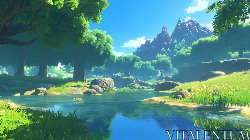 Tranquil Forest Scene with Water and Mountains Tranquil Forest Scene with Water and Mountains