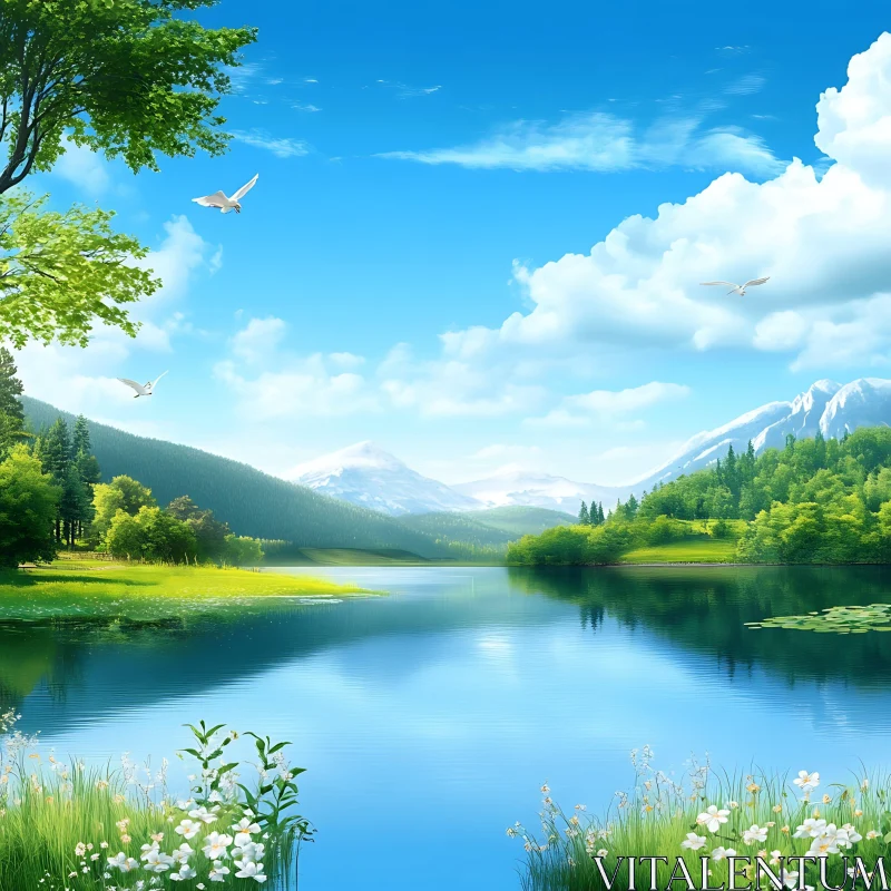 Tranquil Lake with Snow-Capped Mountains Tranquil Lake with Snow-Capped Mountains