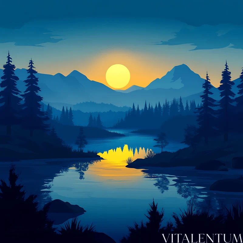 Golden Sunset Over Tranquil Mountain Scene AI Image