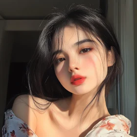 Sunlit Woman with Dark Hair and Red Lips