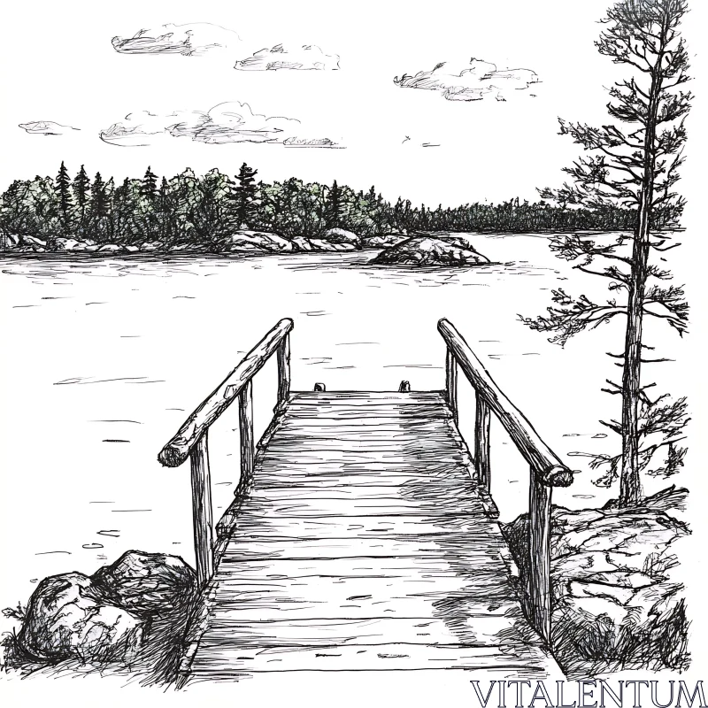 Calm Waters and Wooden Dock in Nature Sketch Calm Waters and Wooden Dock in Nature Sketch