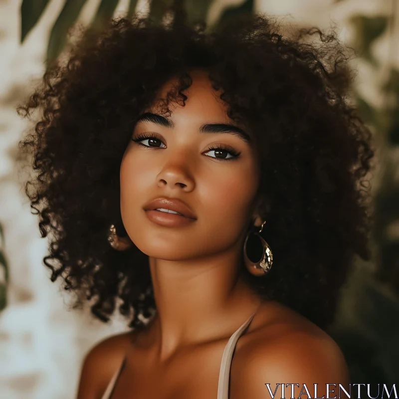 Striking Woman with Curly Hair and Earrings AI Image