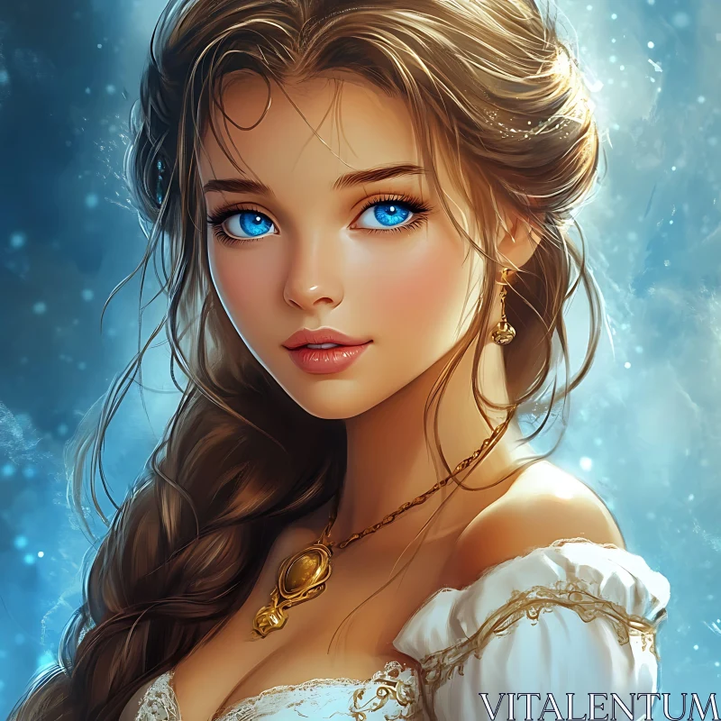 Beautiful Woman with Blue Eyes and Golden Accessories AI Image