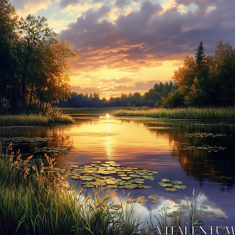 AI ART Golden Sunset Reflected on Peaceful Lake