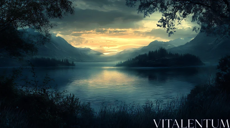 Peaceful Sunset Over a Lake with Mountainous Surroundings AI Image