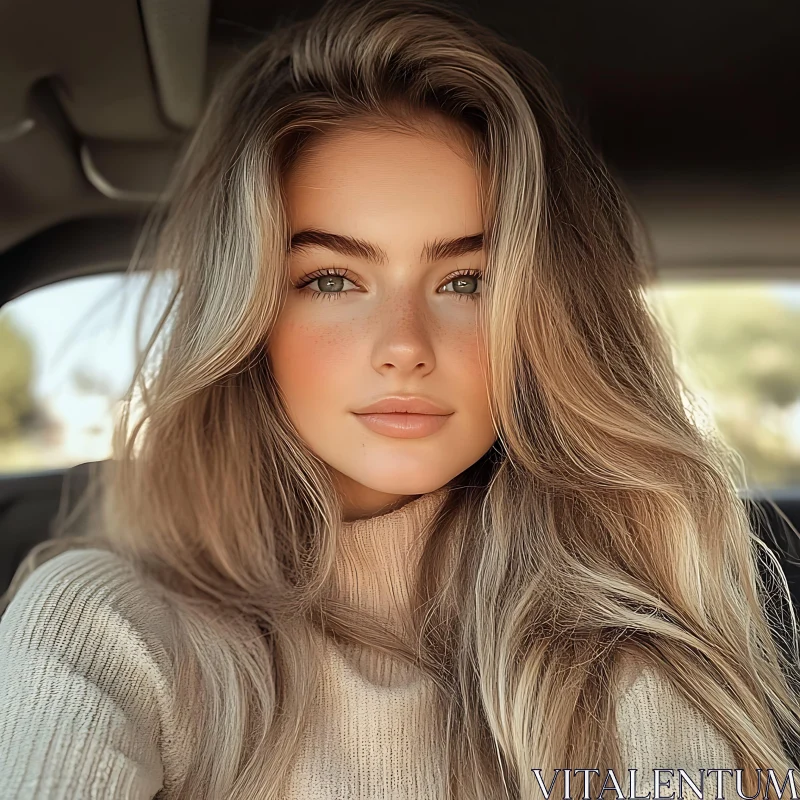 AI ART Close-up Portrait of a Blonde Woman in Sunlit Car