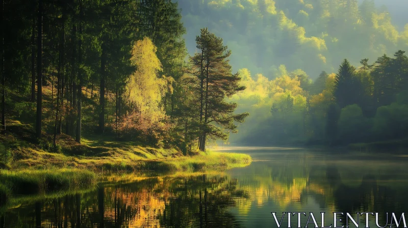 Tranquil Forest Scene with Misty Lake Reflection AI Image