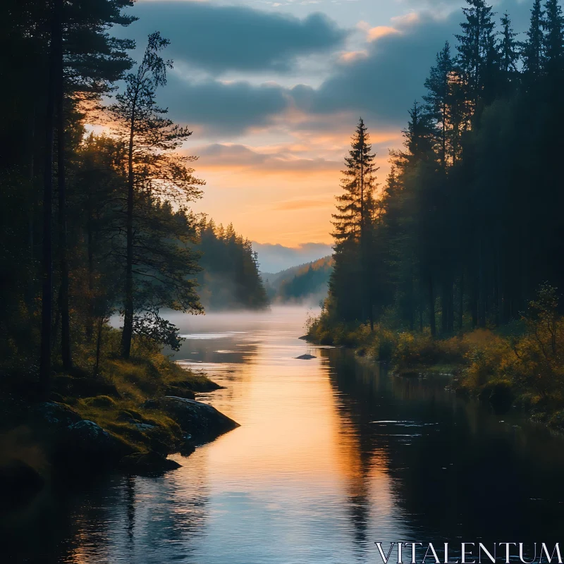 Peaceful Sunset Over Forest Lake AI Image