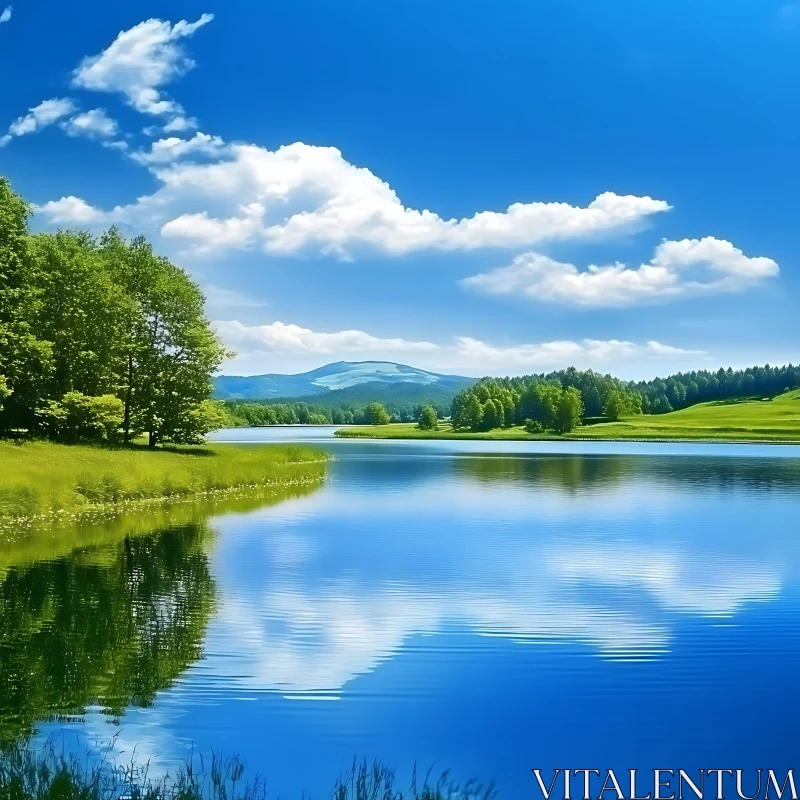 Serene Lake Surrounded by Trees and Mountains AI Image