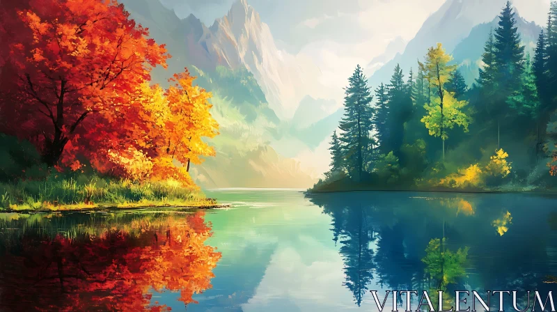 Autumn Splendor by the Lake with Mountains AI Image