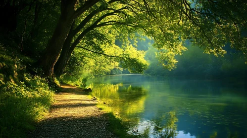 Peaceful Riverbank Pathway Bathed in Sunlight