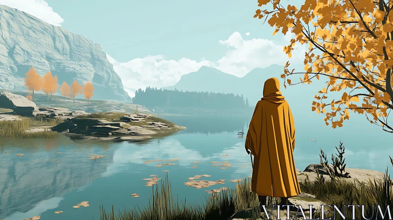 Tranquil Autumn Landscape with Cloaked Figure AI Image