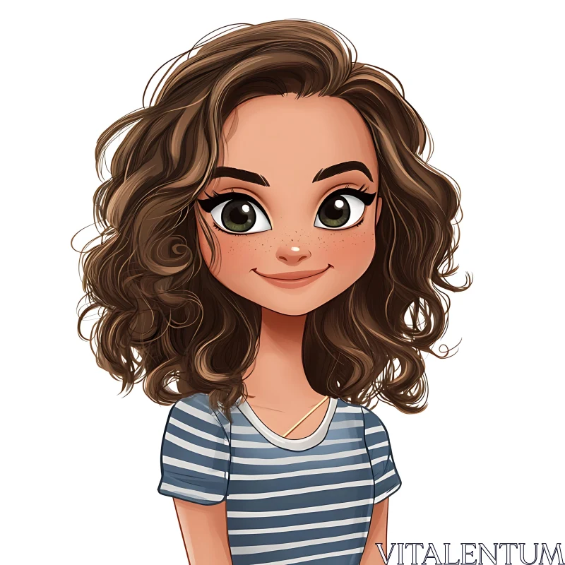 Cartoon Girl with Striped Shirt and Freckles AI Image