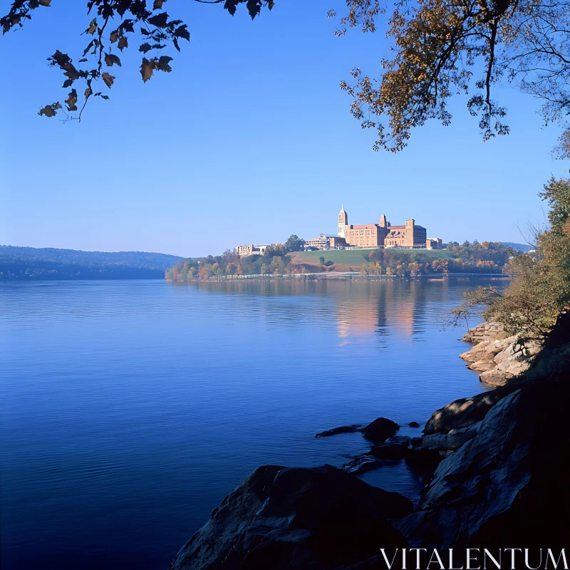 Peaceful Lakeside View with Distant Castle AI Image