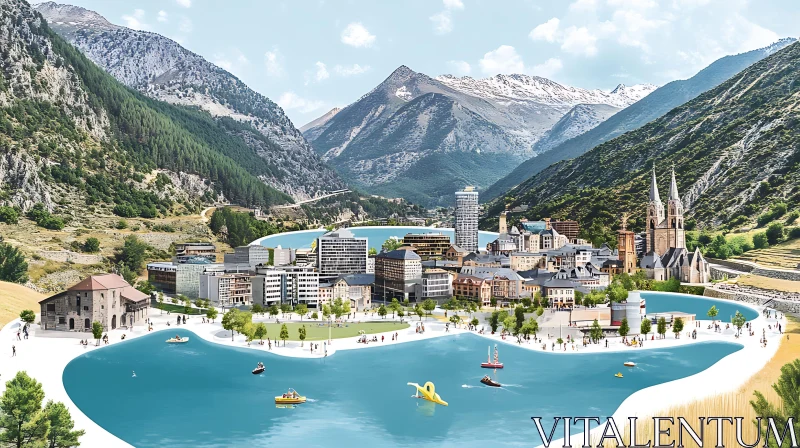 Scenic Village and Lake Amidst Majestic Mountains AI Image