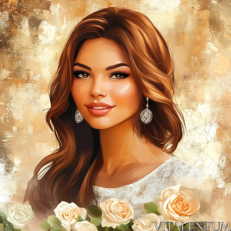 Artistic Woman Portrait with Brown Hair and Roses AI Image