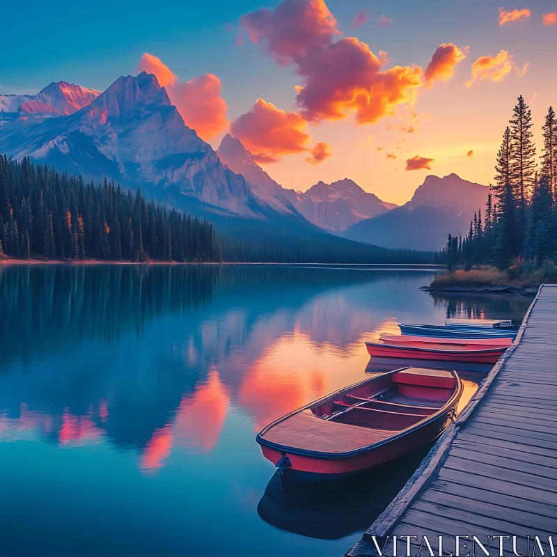 Peaceful Sunset by a Mountain Lake with Boats AI Image