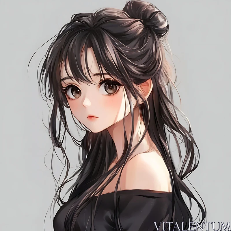 Anime Girl with Expressive Brown Eyes and Loose Bun AI Image