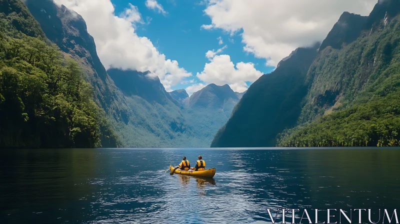 Kayakers Amidst Towering Mountains and Calm Waters AI Image