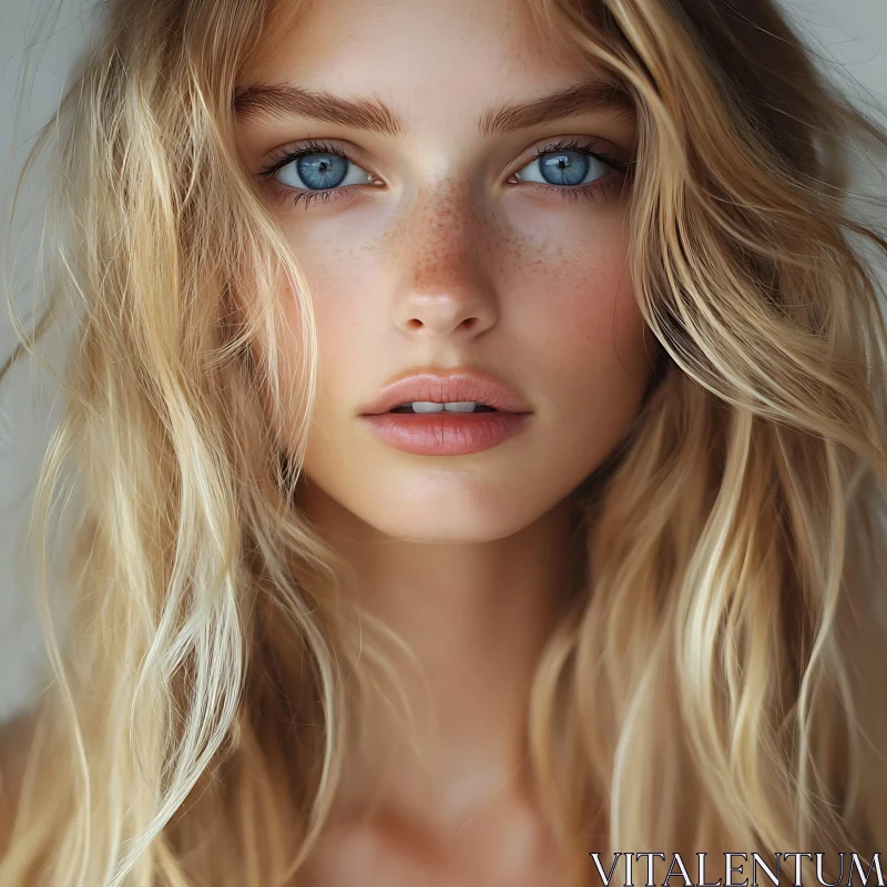 Portrait of Freckled Blonde Woman with Blue Eyes AI Image