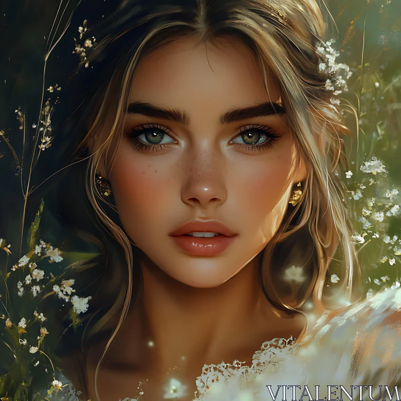 Nature-Inspired Woman’s Portrait with Flowers AI Image