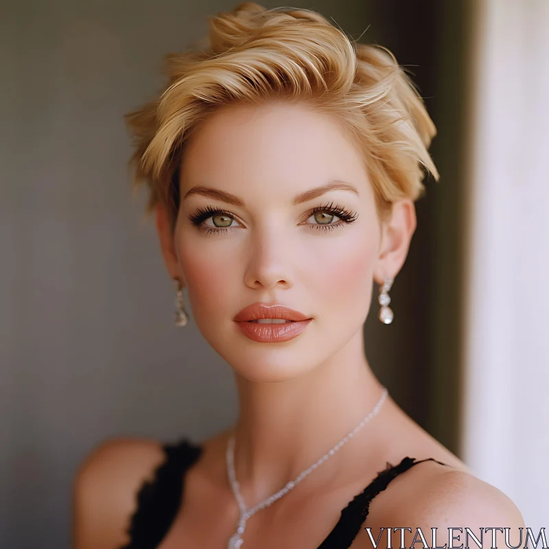 Charming Woman with Short Blonde Hair and Earrings AI Image