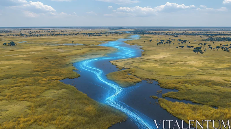 Winding River with Neon Highlights in Expansive Grasslands AI Image